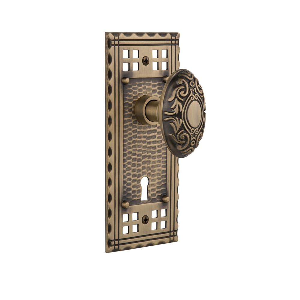 Nostalgic Warehouse CRAVIC Privacy Knob Craftsman Plate with Victorian Knob and Keyhole in Antique Brass